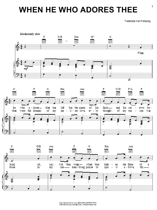 Preview Irish Folksong When He Who Adores Thee World sheet music, notes and chords for Piano, Vocal & Guitar (Right-Hand Melody), SKU: 25935 When He Who Adores Thee sheet music