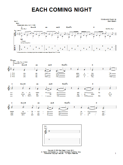 Iron & Wine Each Coming Night Sheet Music Notes & Chords for Easy Guitar - Download or Print PDF
