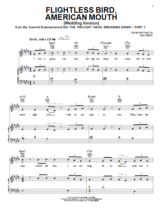 Iron & Wine Flightless Bird, American Mouth (Wedding Version) Sheet Music Notes & Chords for Piano, Vocal & Guitar (Right-Hand Melody) - Download or Print PDF