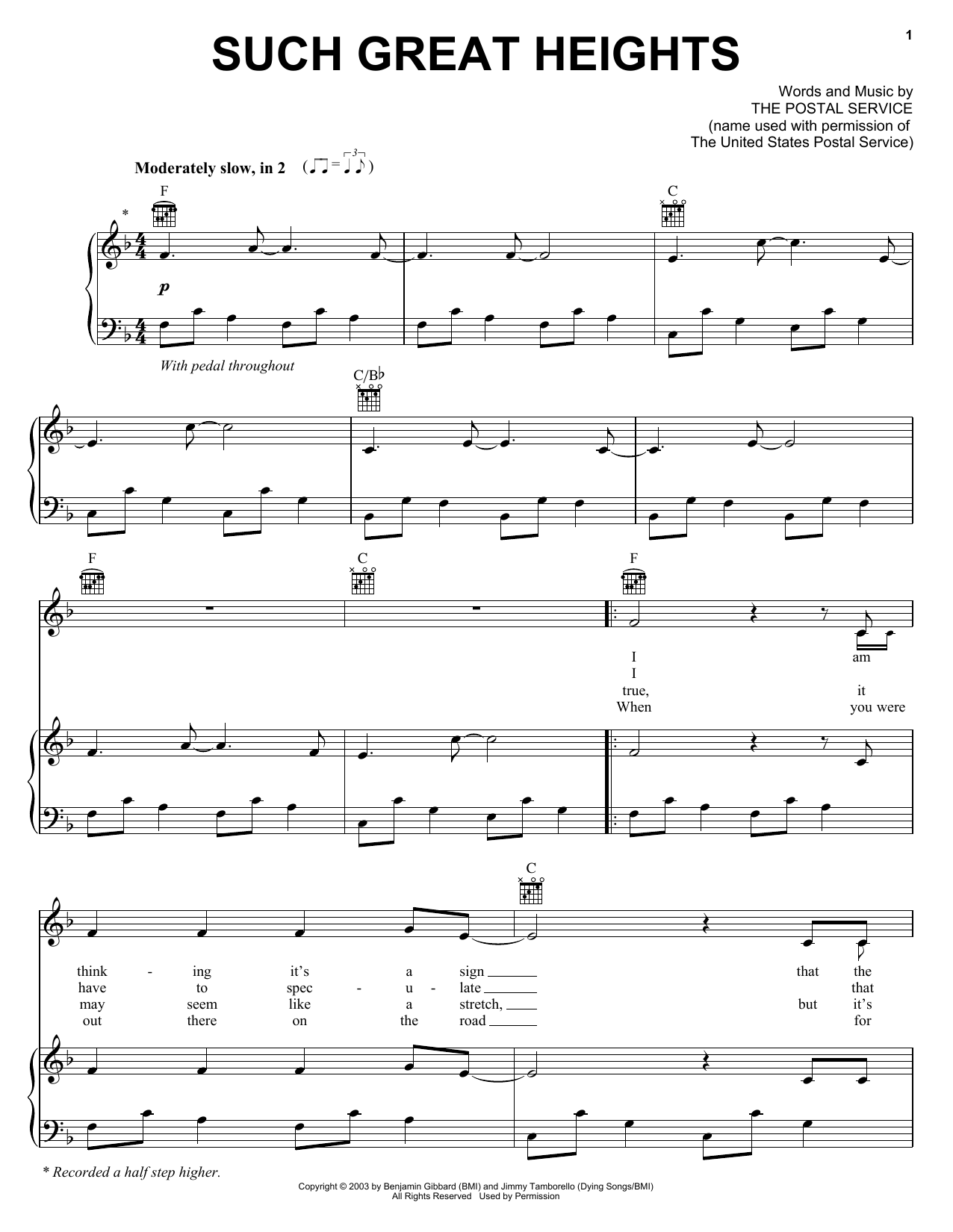 Iron And Wine Such Great Heights Sheet Music Notes & Chords for Piano, Vocal & Guitar (Right-Hand Melody) - Download or Print PDF