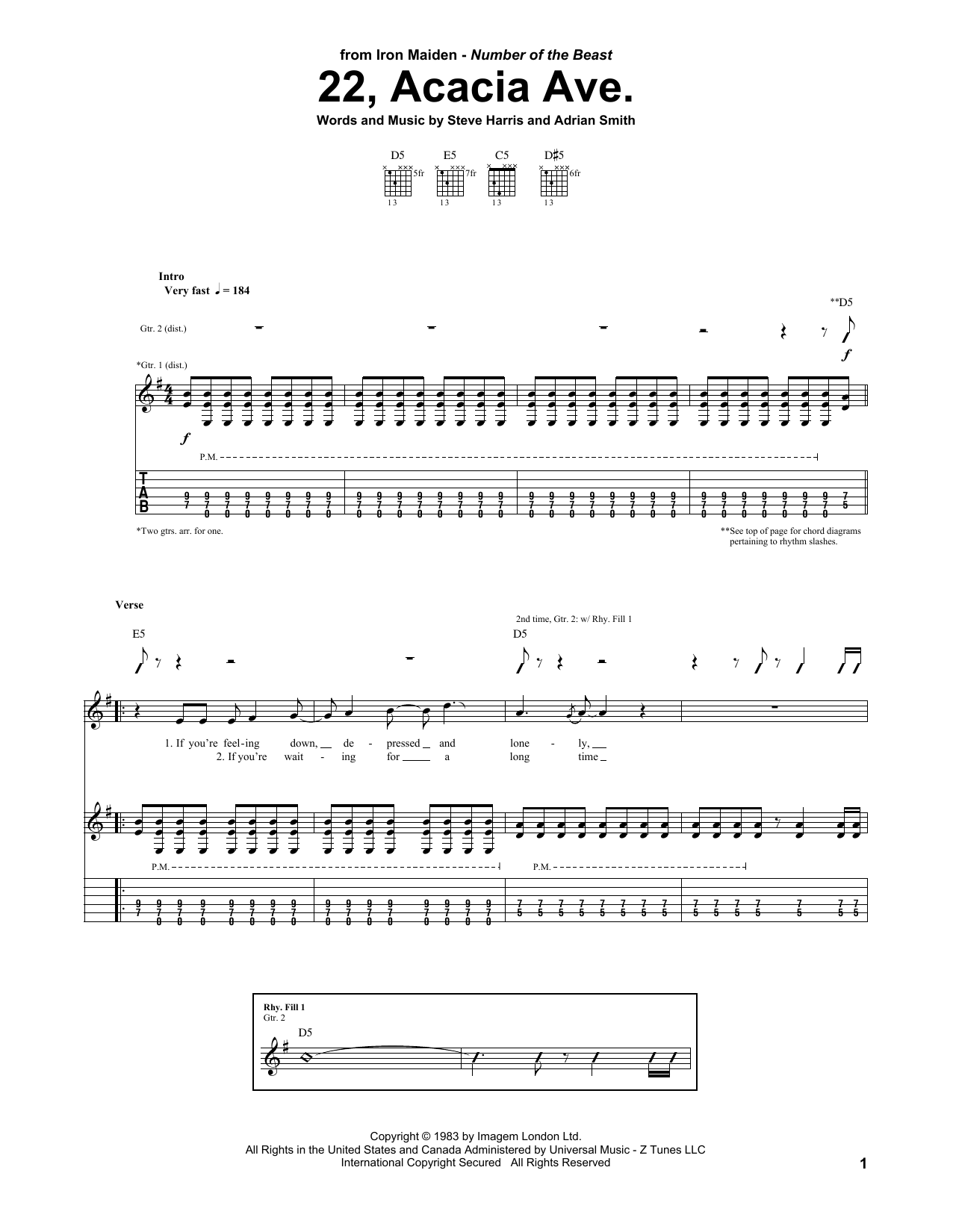 Iron Maiden 22, Acacia Ave. Sheet Music Notes & Chords for Guitar Tab - Download or Print PDF