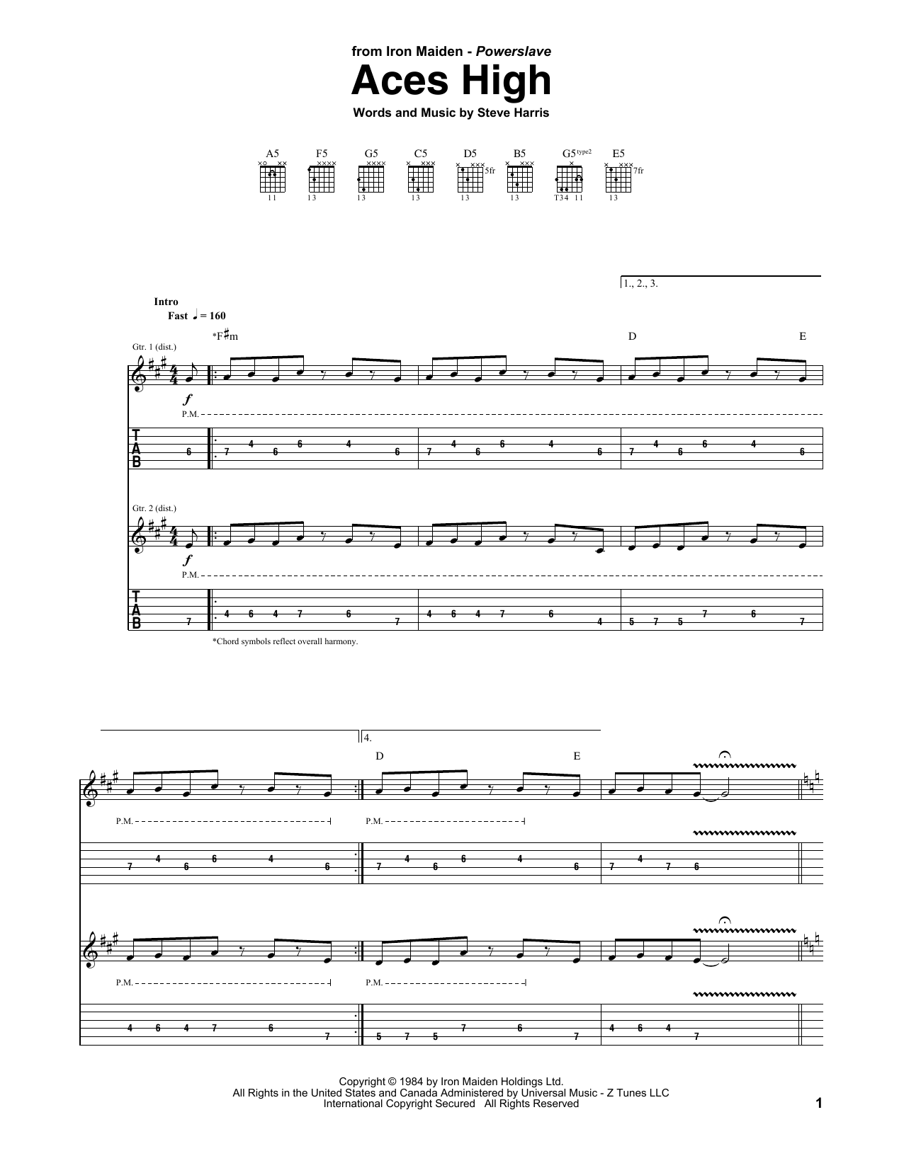 Iron Maiden Aces High Sheet Music Notes & Chords for Guitar Tab - Download or Print PDF