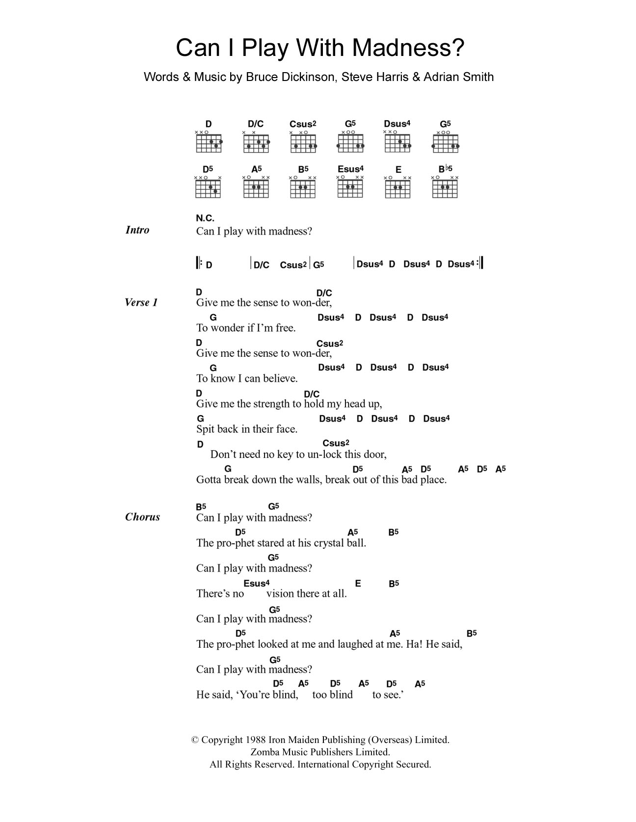 Iron Maiden Can I Play With Madness? Sheet Music Notes & Chords for Lyrics & Chords - Download or Print PDF