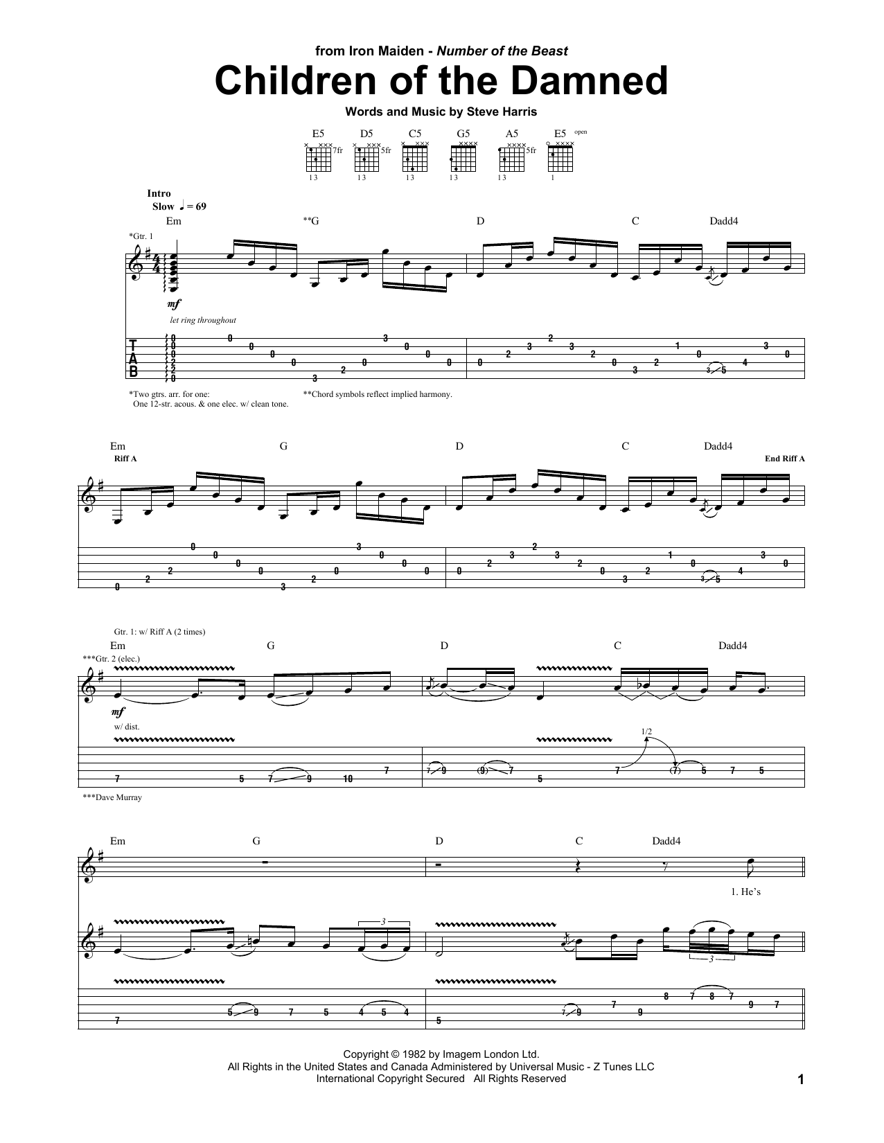 Iron Maiden Children Of The Damned Sheet Music Notes & Chords for Guitar Tab - Download or Print PDF