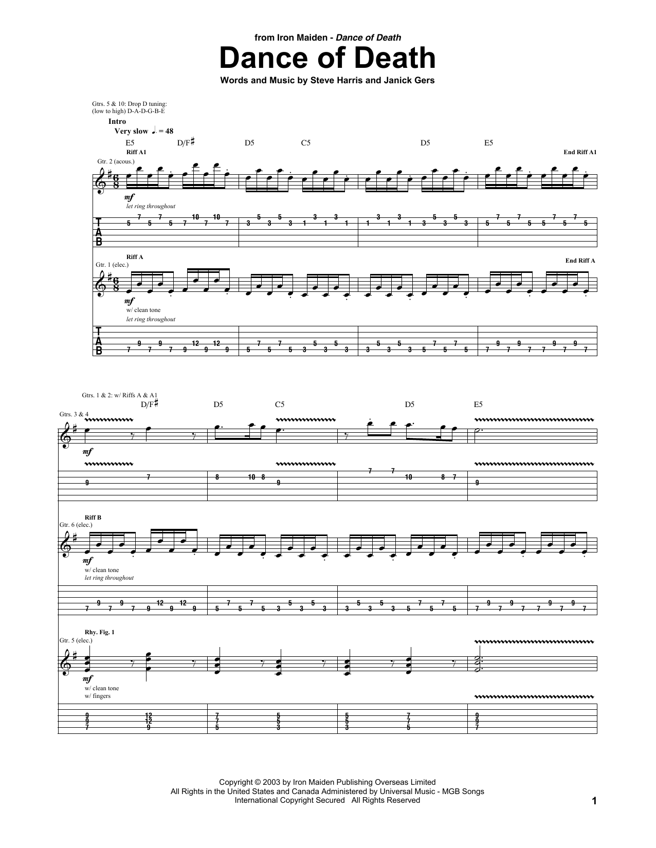 Iron Maiden Dance Of Death Sheet Music Notes & Chords for Guitar Tab - Download or Print PDF