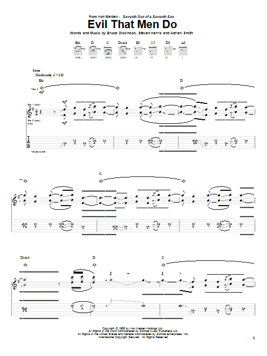 Iron Maiden Evil That Men Do Sheet Music Notes & Chords for Guitar Tab - Download or Print PDF