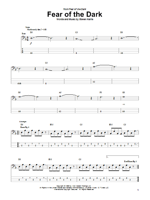 Iron Maiden Fear Of The Dark Sheet Music Notes & Chords for Bass Guitar Tab - Download or Print PDF