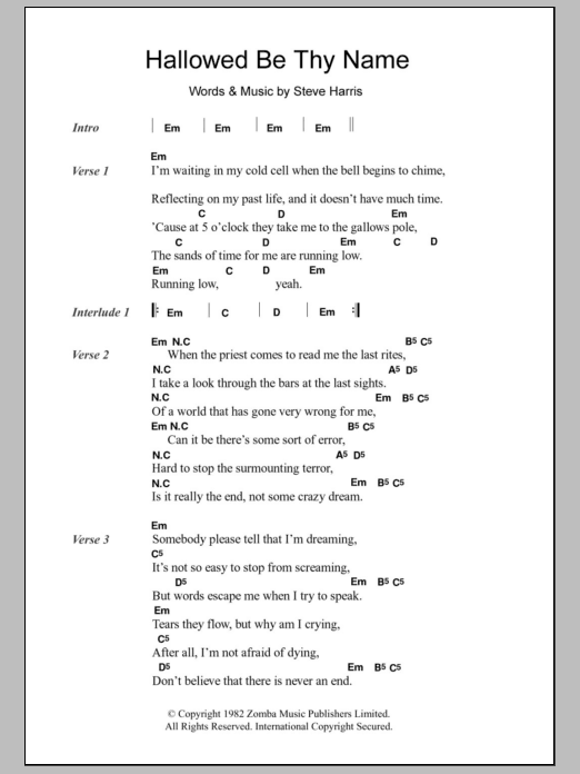 Iron Maiden Hallowed Be Thy Name Sheet Music Notes & Chords for Lyrics & Chords - Download or Print PDF