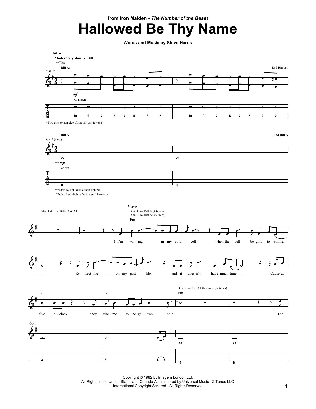 Iron Maiden Hallowed Be Thy Name Sheet Music Notes & Chords for Guitar Tab - Download or Print PDF