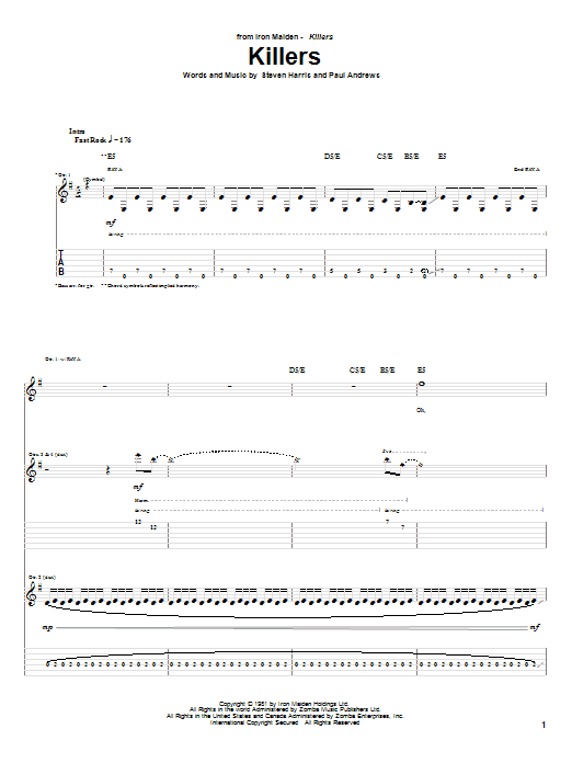 Iron Maiden Killers Sheet Music Notes & Chords for Bass Guitar Tab - Download or Print PDF