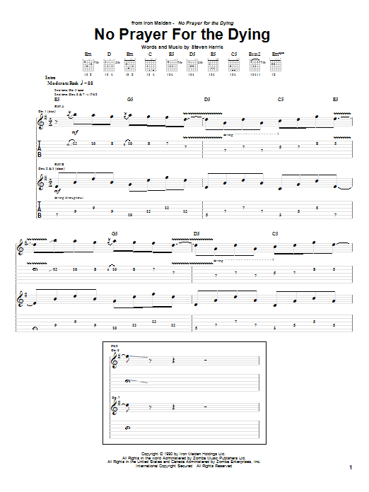 Iron Maiden No Prayer For The Dying Sheet Music Notes & Chords for Bass Guitar Tab - Download or Print PDF