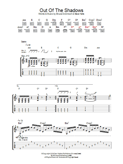 Iron Maiden Out Of The Shadows Sheet Music Notes & Chords for Guitar Tab - Download or Print PDF