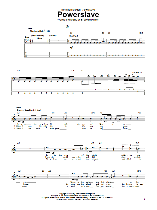 Iron Maiden Powerslave Sheet Music Notes & Chords for Bass Guitar Tab - Download or Print PDF