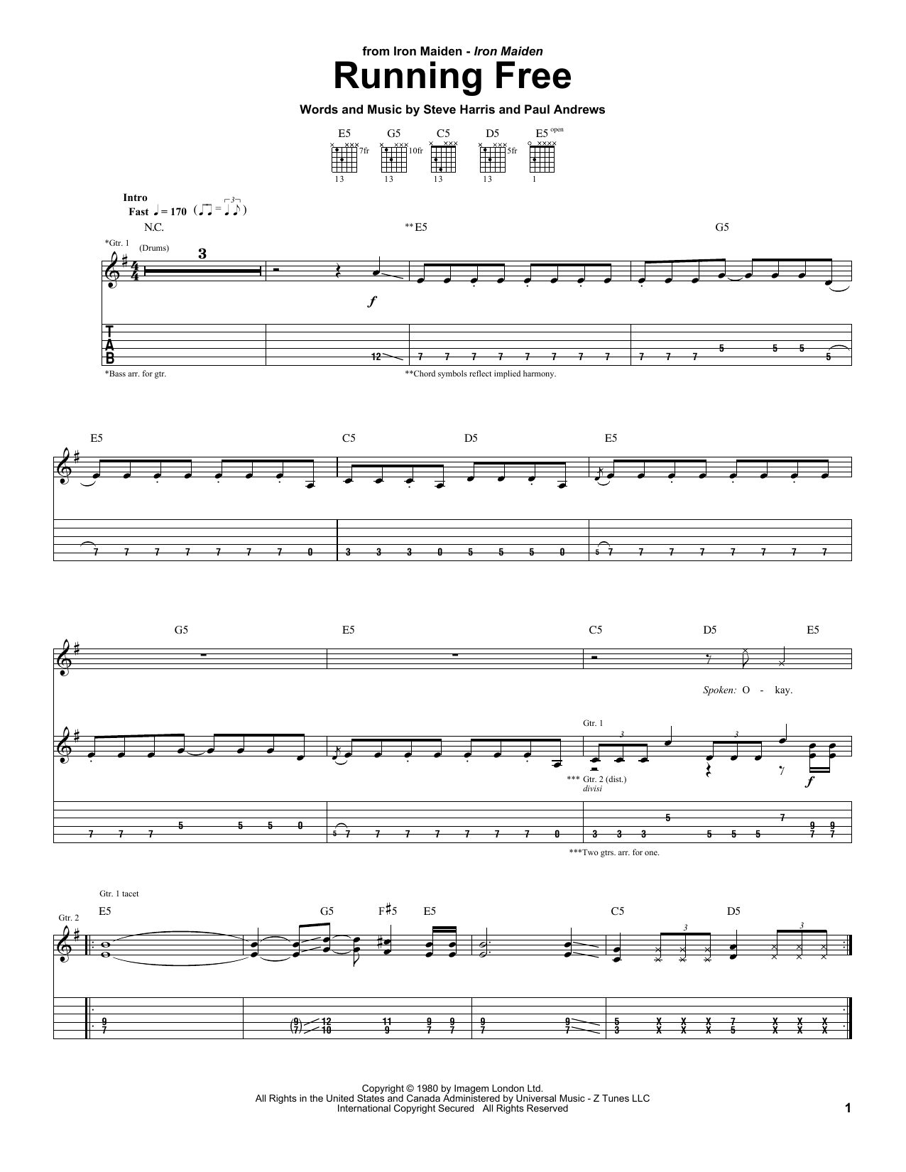 Iron Maiden Running Free Sheet Music Notes & Chords for Bass Guitar Tab - Download or Print PDF