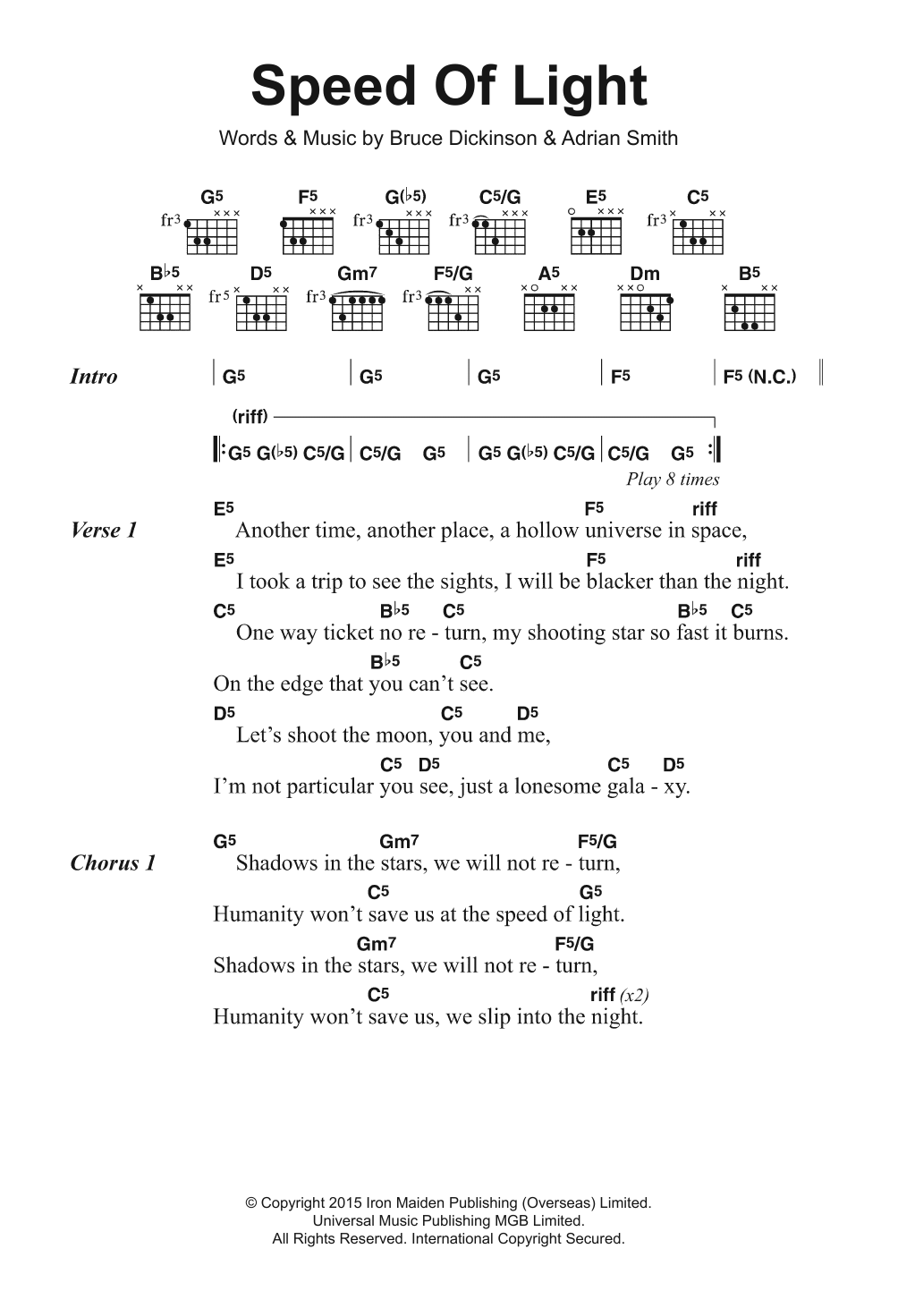 Iron Maiden Speed Of Light Sheet Music Notes & Chords for Lyrics & Chords - Download or Print PDF