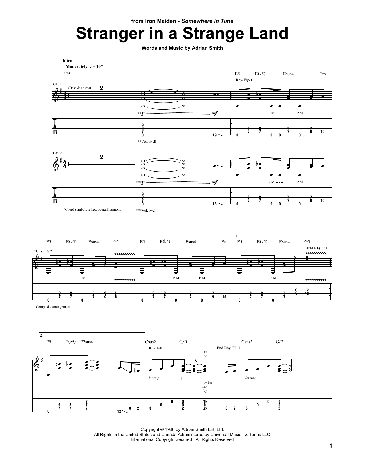 Iron Maiden Stranger In A Strange Land Sheet Music Notes & Chords for Guitar Tab - Download or Print PDF