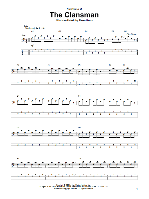 Iron Maiden The Clansman Sheet Music Notes & Chords for Bass Guitar Tab - Download or Print PDF