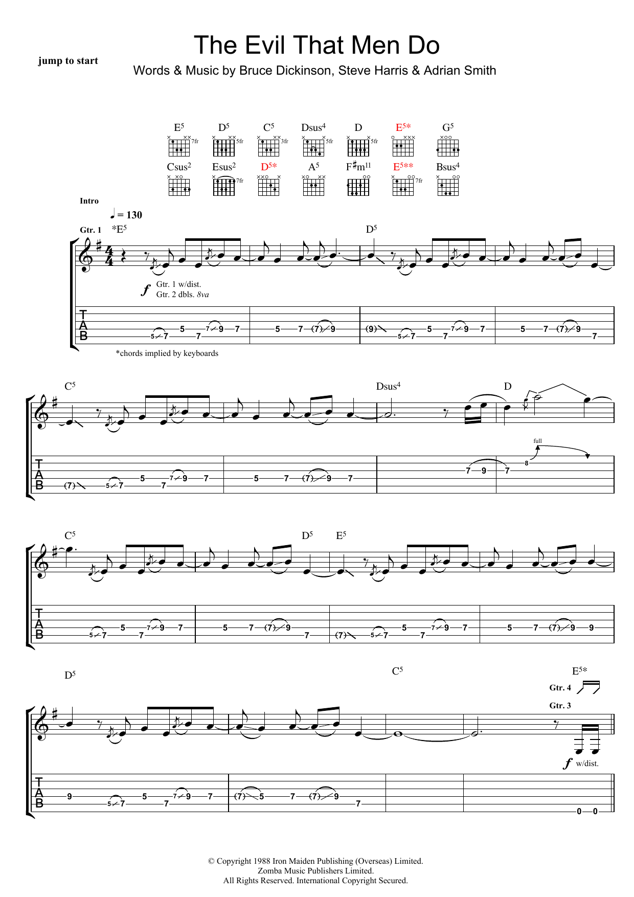 Iron Maiden The Evil That Men Do Sheet Music Notes & Chords for Guitar Tab - Download or Print PDF