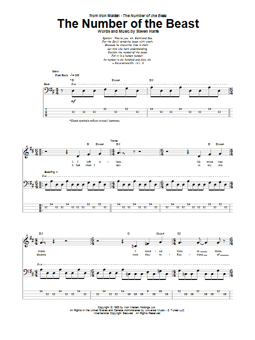 Iron Maiden The Number Of The Beast Sheet Music Notes & Chords for Bass Guitar Tab - Download or Print PDF