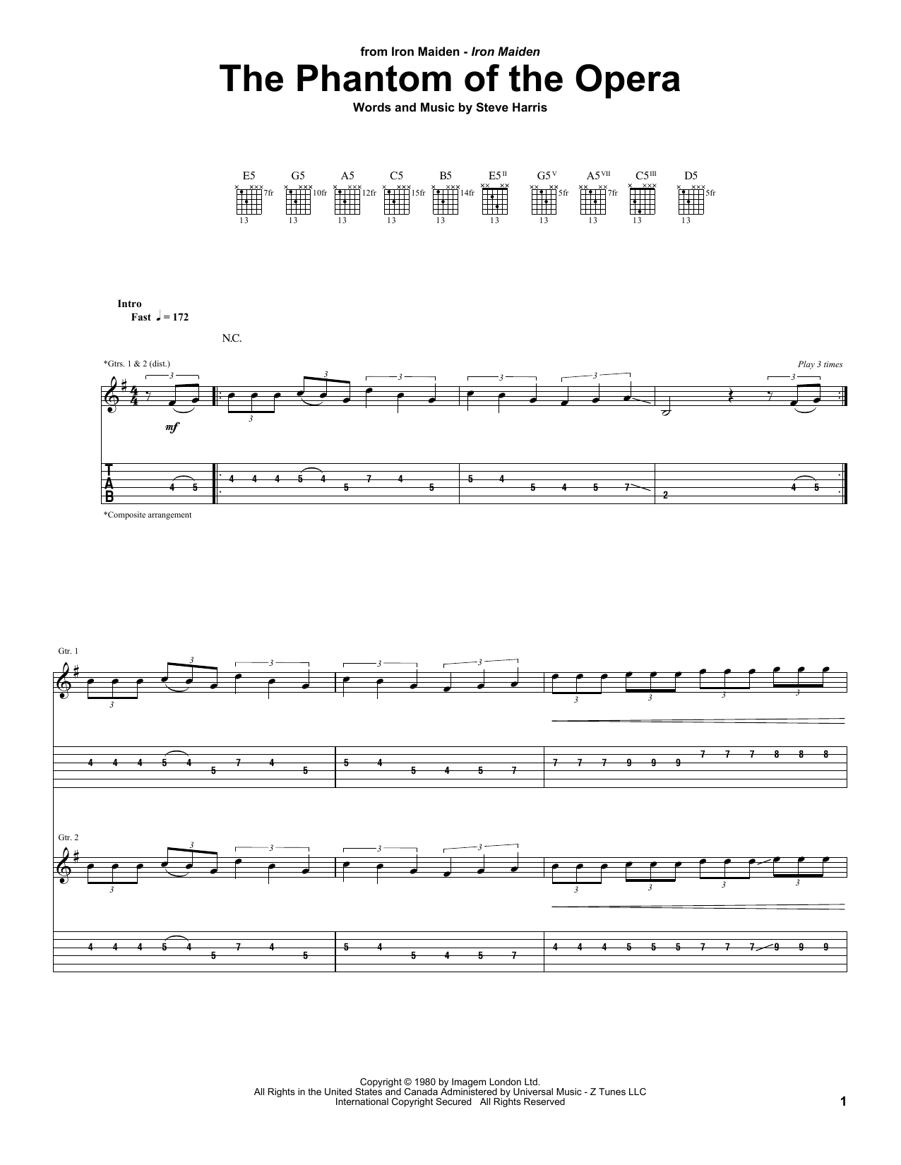 Iron Maiden The Phantom Of The Opera Sheet Music Notes & Chords for Guitar Tab - Download or Print PDF