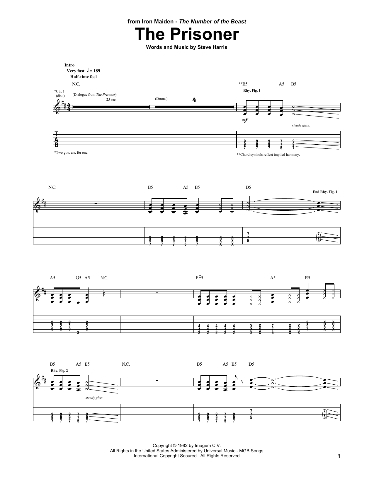 Iron Maiden The Prisoner Sheet Music Notes & Chords for Guitar Tab - Download or Print PDF