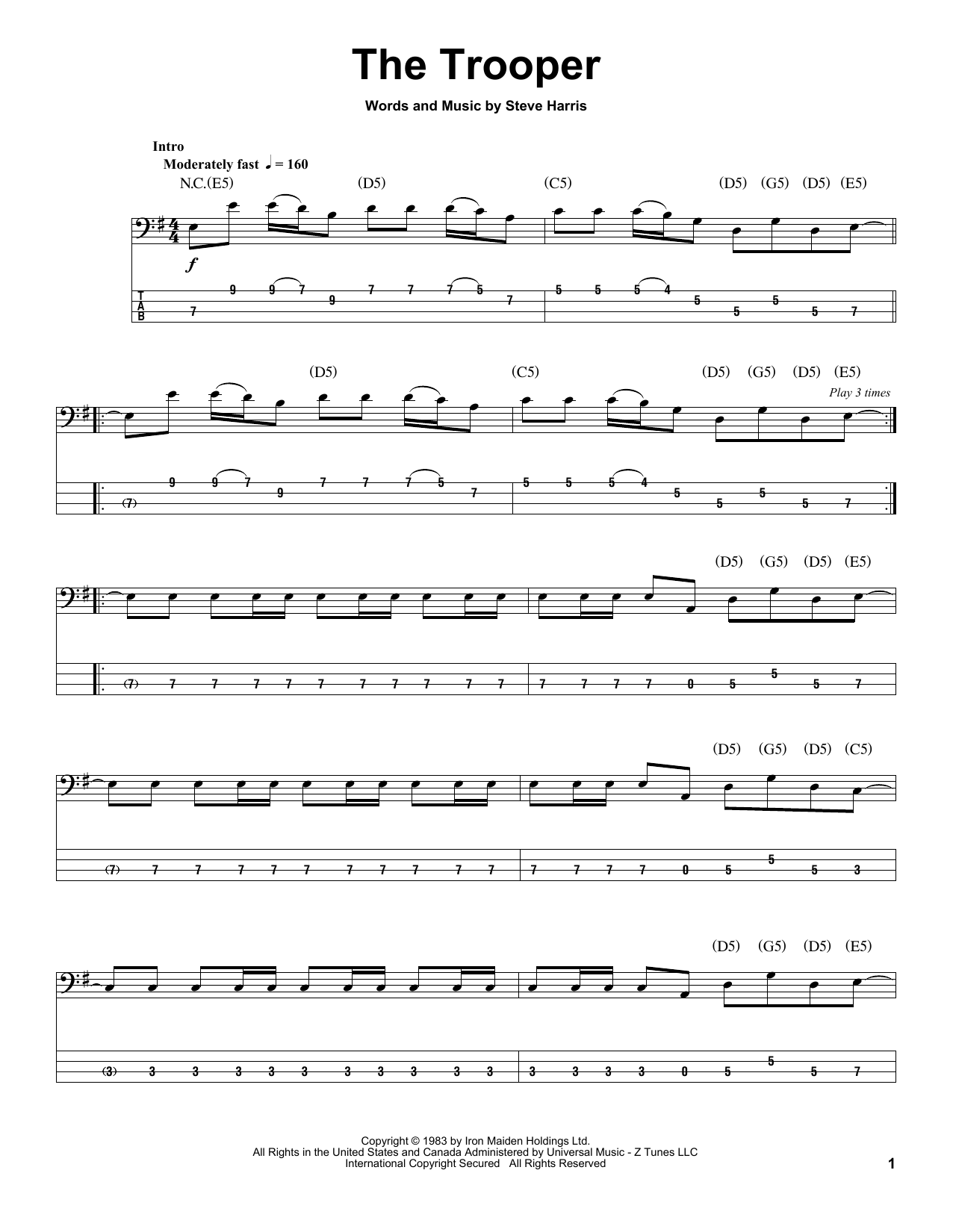 Iron Maiden The Trooper Sheet Music Notes & Chords for Bass Guitar Tab - Download or Print PDF