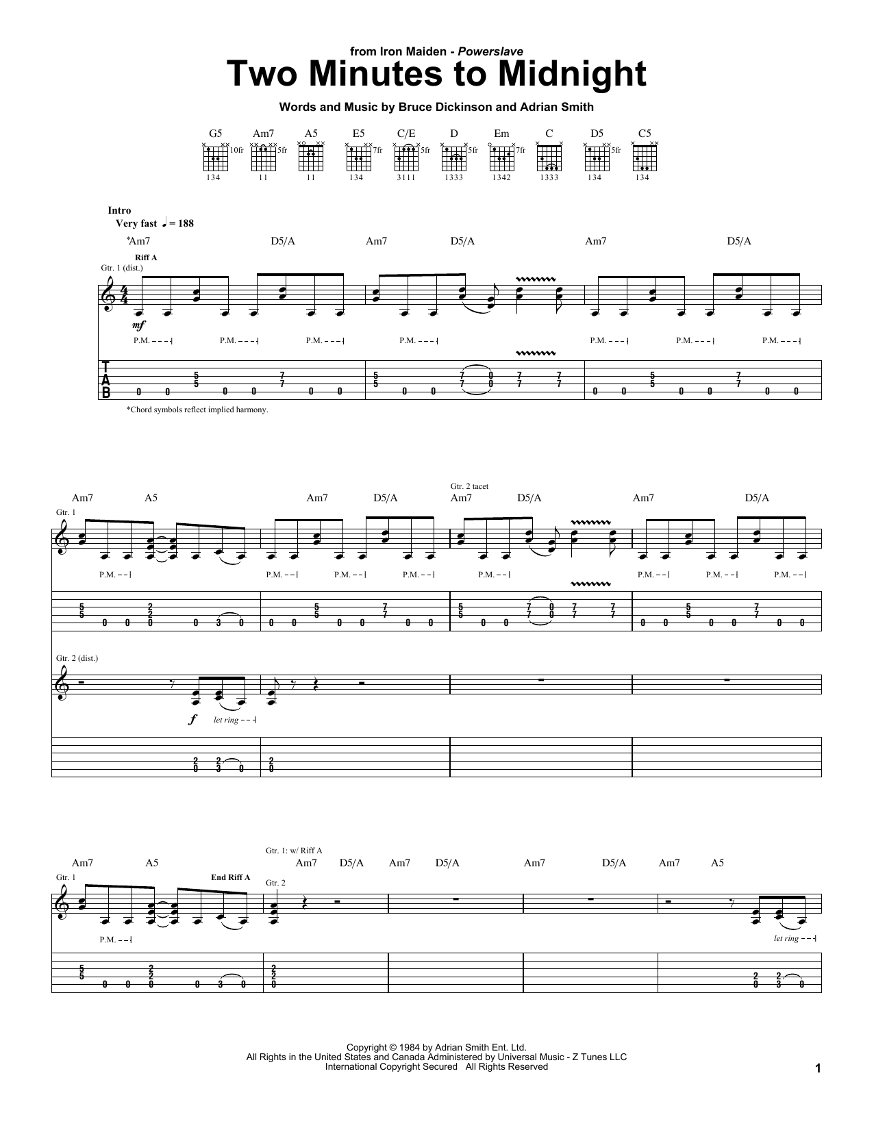 Iron Maiden Two Minutes To Midnight Sheet Music Notes & Chords for Guitar Tab Play-Along - Download or Print PDF