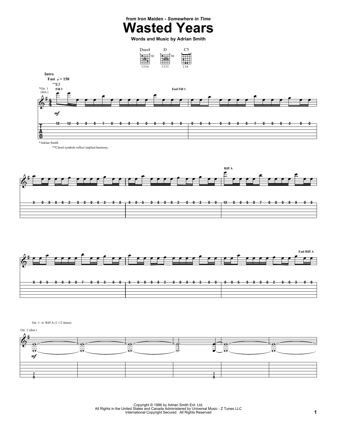 Iron Maiden Wasted Years Sheet Music Notes & Chords for Guitar Tab Play-Along - Download or Print PDF