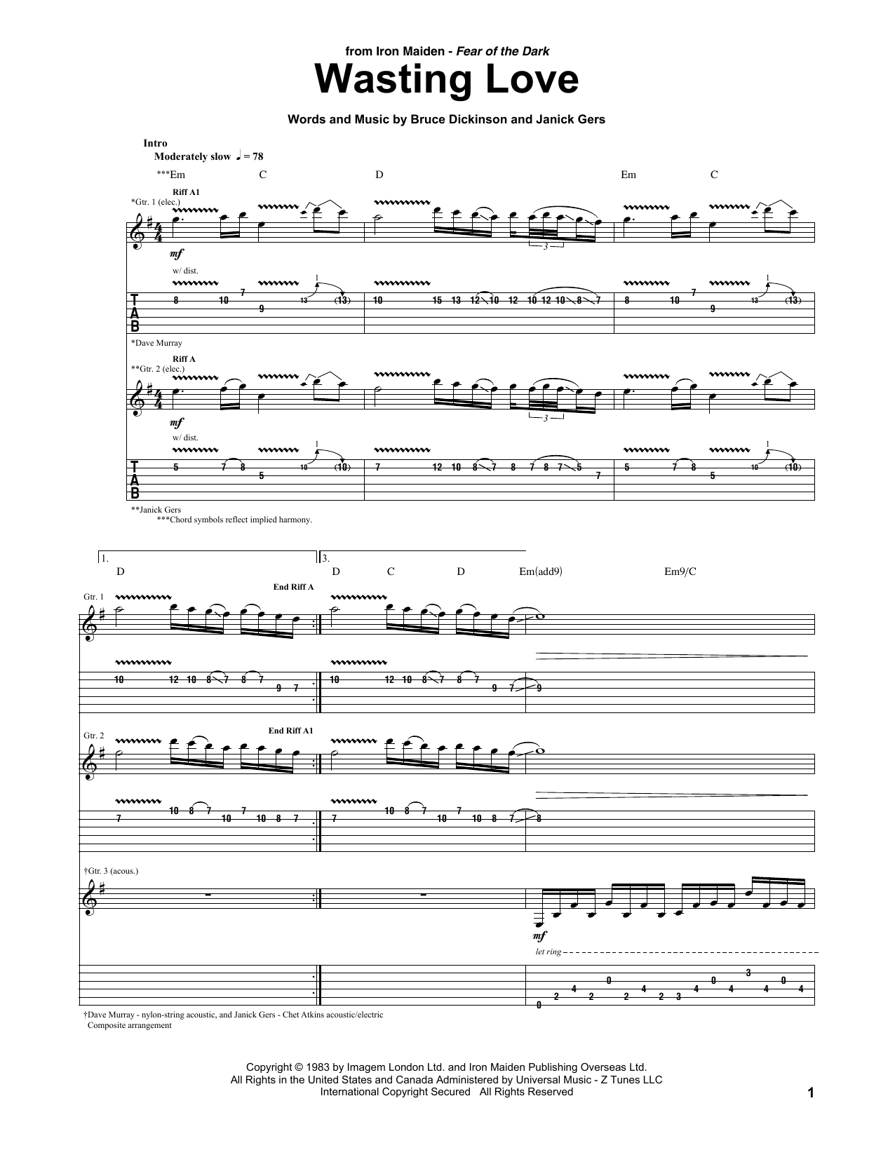 Iron Maiden Wasting Love Sheet Music Notes & Chords for Guitar Tab - Download or Print PDF