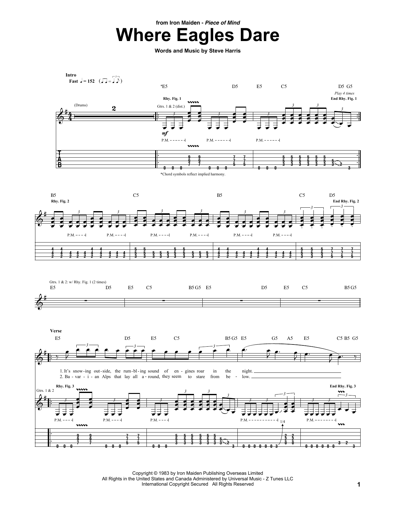 Iron Maiden Where Eagles Dare Sheet Music Notes & Chords for Guitar Tab - Download or Print PDF