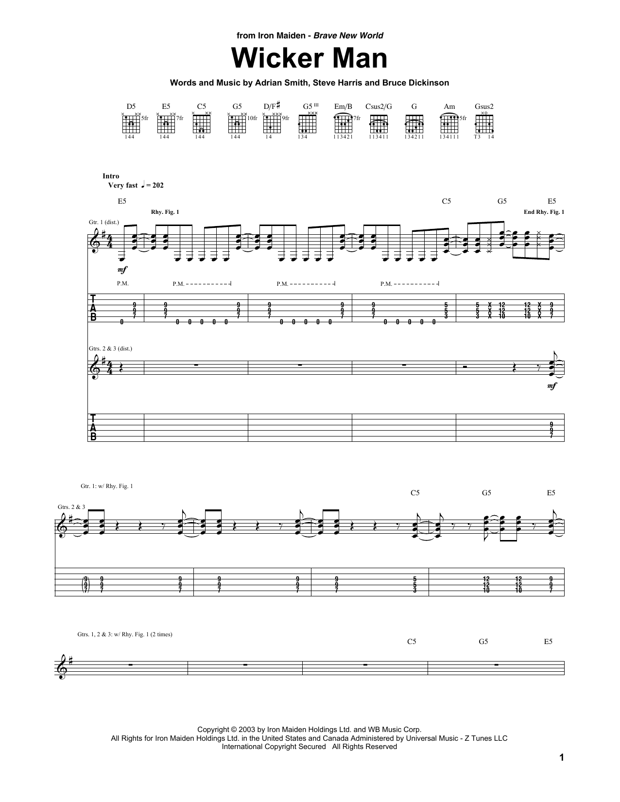 Iron Maiden Wicker Man Sheet Music Notes & Chords for Guitar Tab - Download or Print PDF
