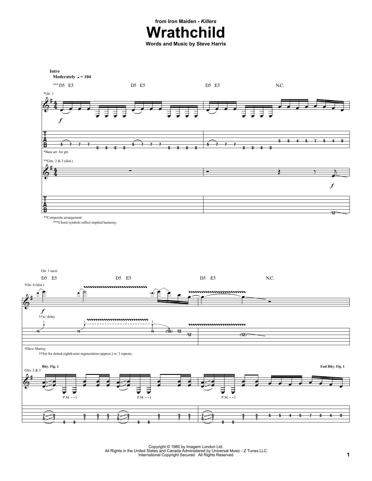 Iron Maiden Wrathchild Sheet Music Notes & Chords for Guitar Tab - Download or Print PDF