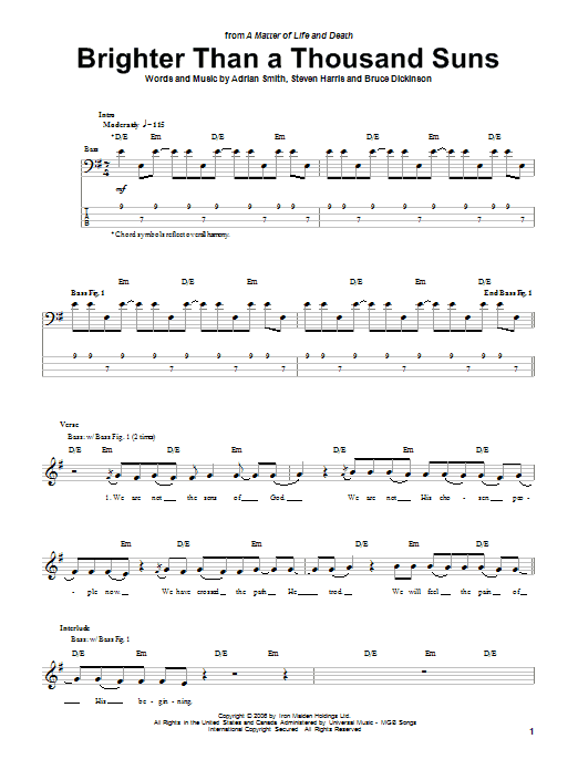 Preview Iron Maiden Brighter Than A Thousand Suns Rock sheet music, notes and chords for Guitar Tab, SKU: 37503 Brighter Than A Thousand Suns sheet music