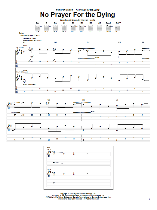 Preview Iron Maiden No Prayer For The Dying Pop sheet music, notes and chords for Bass Guitar Tab, SKU: 67986 No Prayer For The Dying sheet music