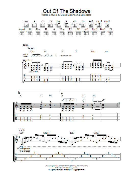 Preview Iron Maiden Out Of The Shadows Rock sheet music, notes and chords for Guitar Tab, SKU: 37497 Out Of The Shadows sheet music