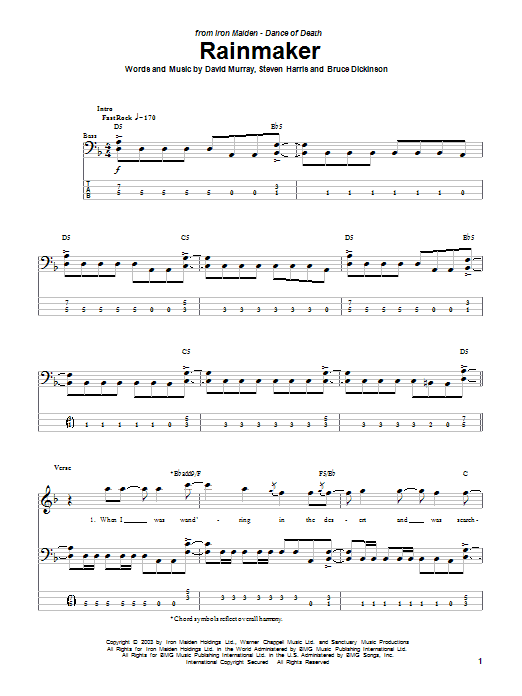 Preview Iron Maiden Rainmaker Metal sheet music, notes and chords for Bass Guitar Tab, SKU: 50204 Rainmaker sheet music