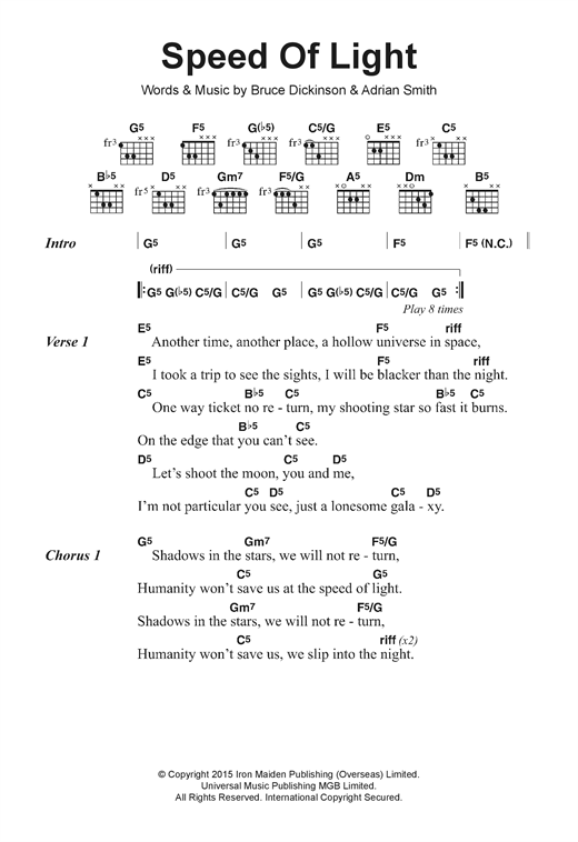 Iron Maiden Speed Of Light Sheet Music Notes & Chords for Lyrics & Chords - Download or Print PDF