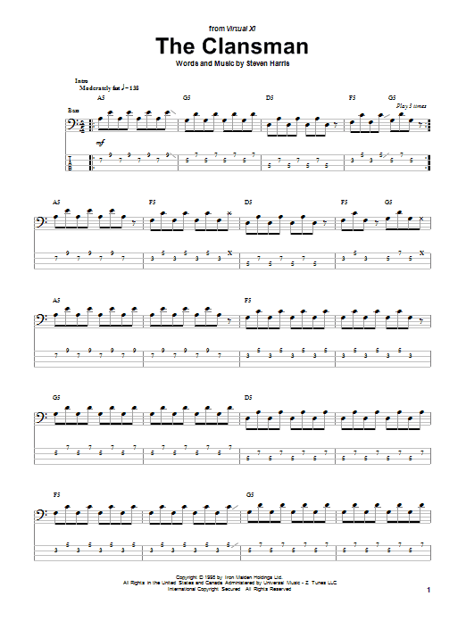 Preview Iron Maiden The Clansman Pop sheet music, notes and chords for Bass Guitar Tab, SKU: 67992 The Clansman sheet music