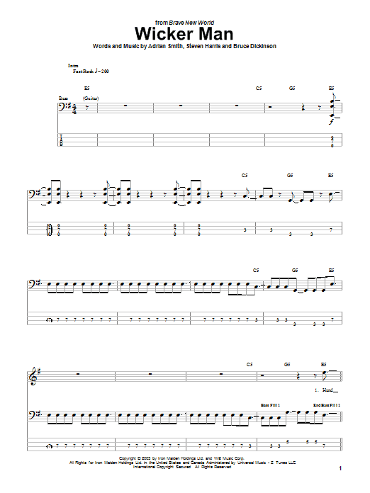Preview Iron Maiden The Wicker Man Pop sheet music, notes and chords for Bass Guitar Tab, SKU: 67997 The Wicker Man sheet music