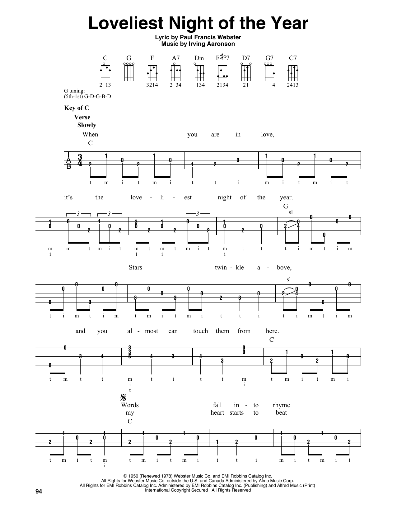 Irving Aaronson Loveliest Night Of The Year Sheet Music Notes & Chords for Banjo - Download or Print PDF