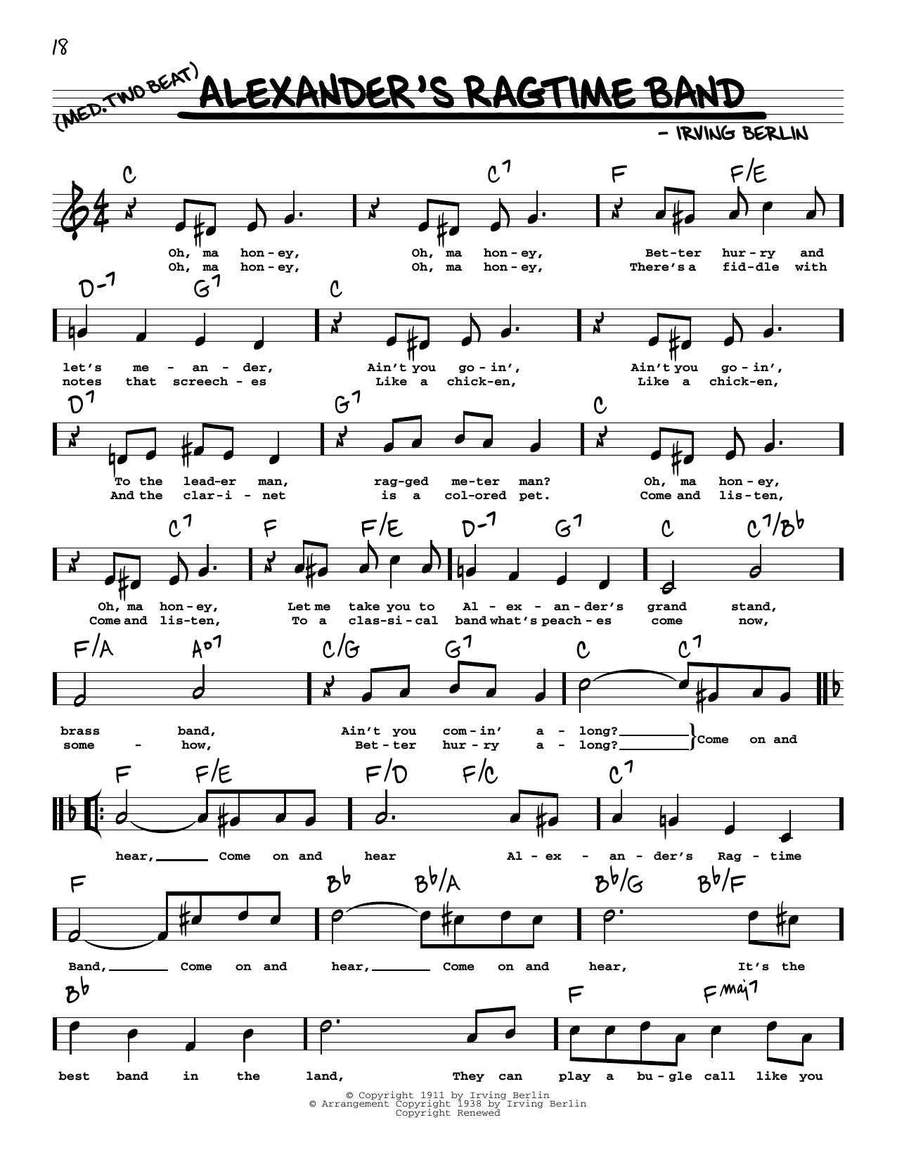 Irving Berlin Alexander's Ragtime Band (High Voice) Sheet Music Notes & Chords for Real Book – Melody, Lyrics & Chords - Download or Print PDF