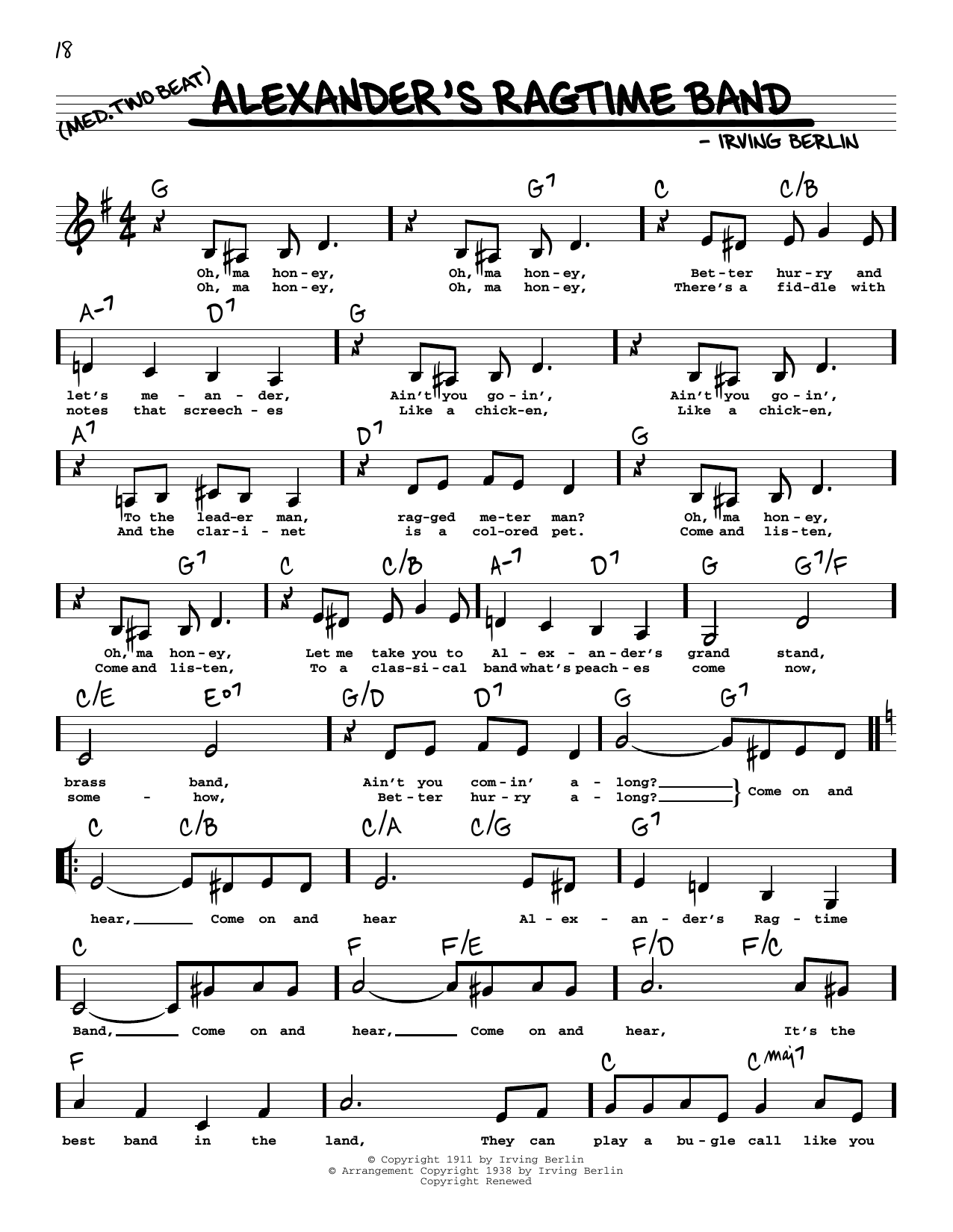 Irving Berlin Alexander's Ragtime Band (Low Voice) Sheet Music Notes & Chords for Real Book – Melody, Lyrics & Chords - Download or Print PDF