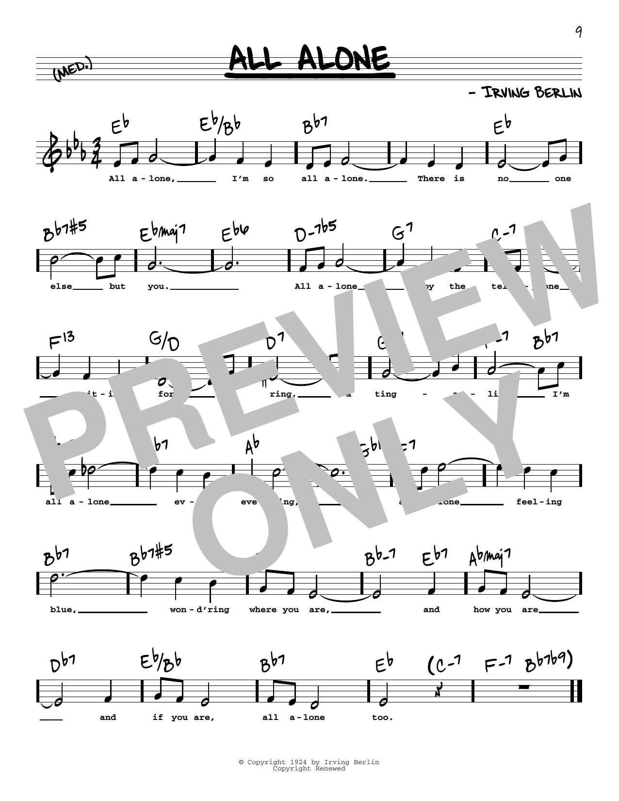 Irving Berlin All Alone (High Voice) Sheet Music Notes & Chords for Real Book – Melody, Lyrics & Chords - Download or Print PDF
