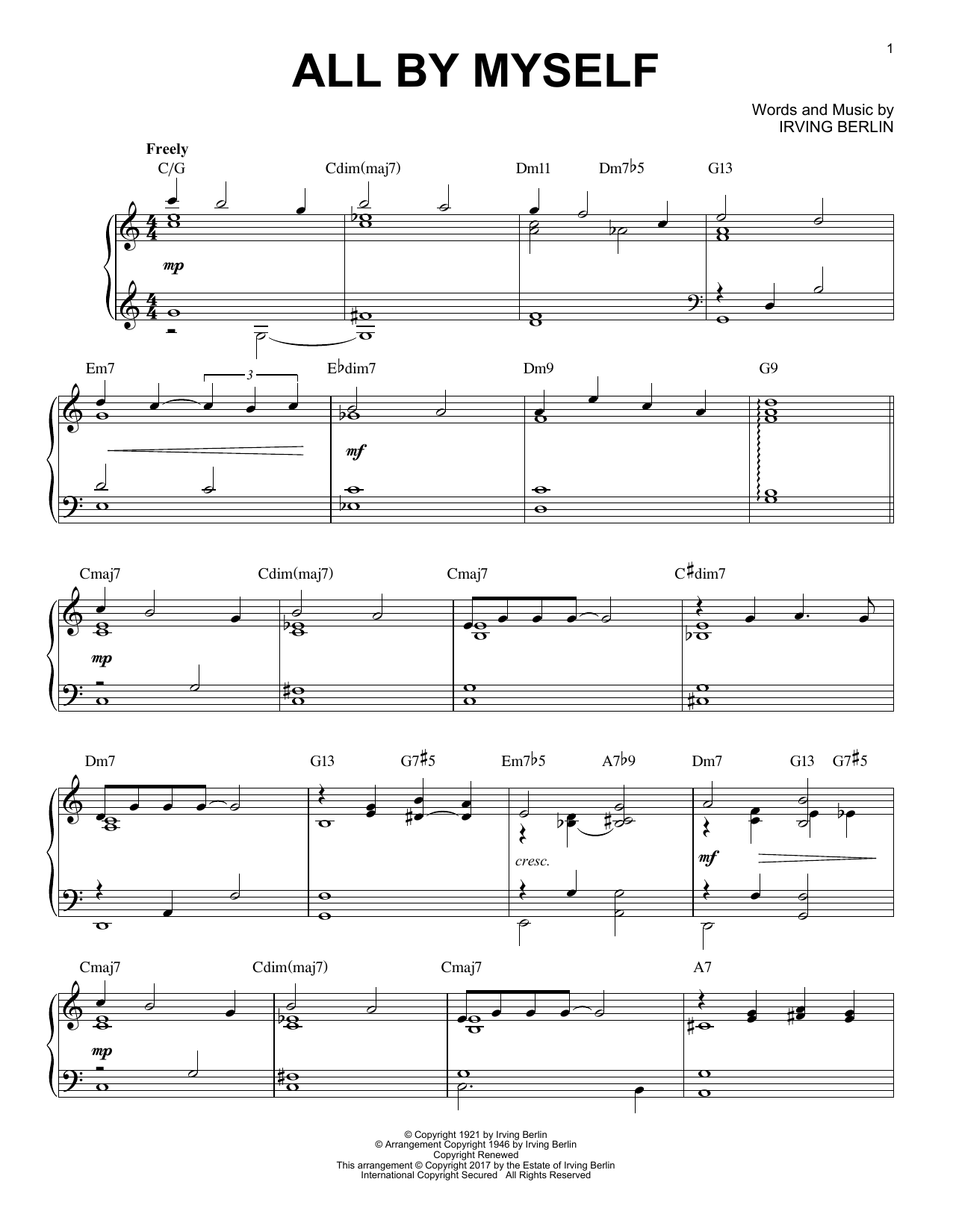 Irving Berlin All By Myself [Jazz version] Sheet Music Notes & Chords for Piano - Download or Print PDF