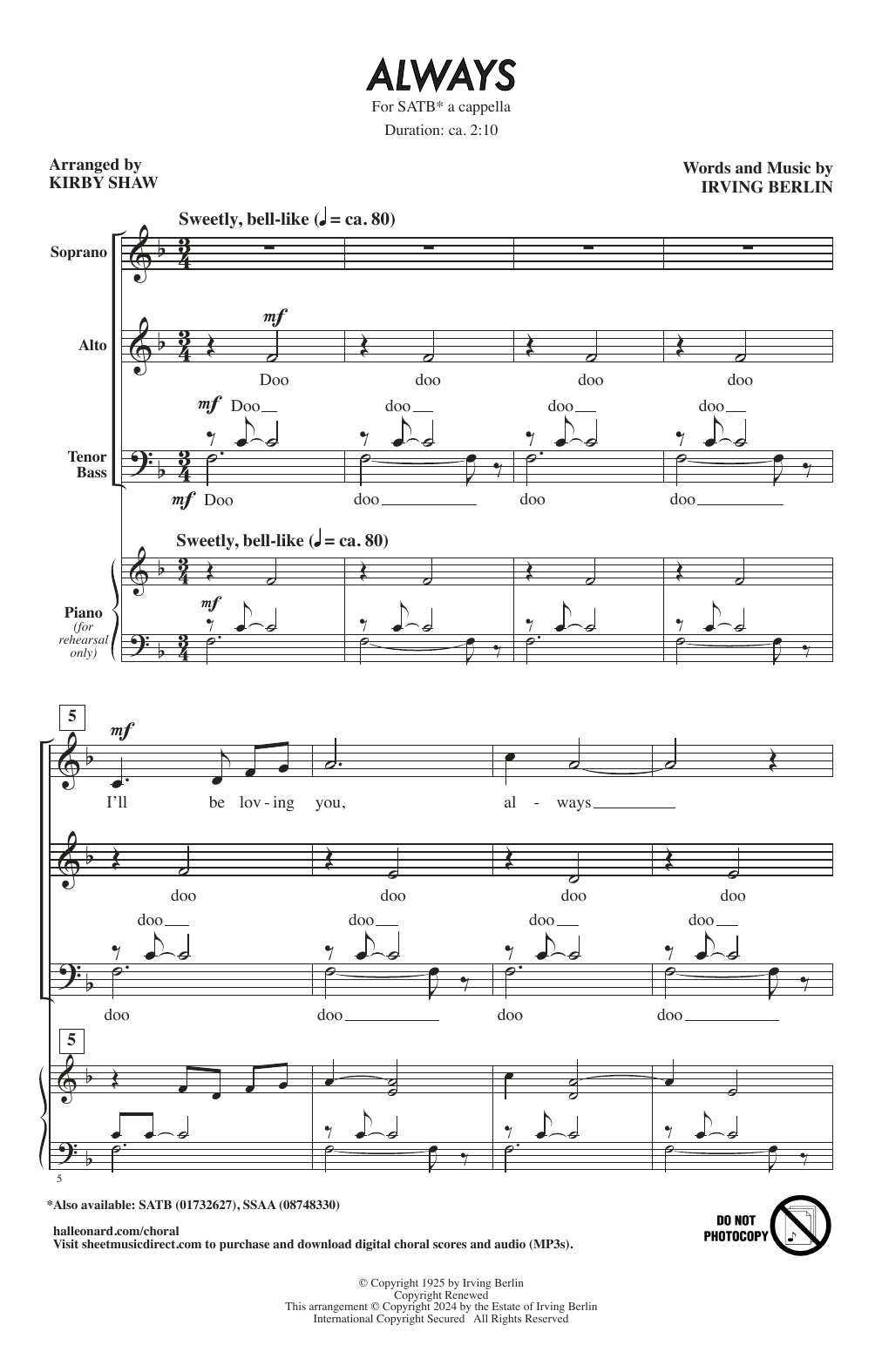 Irving Berlin Always (arr. Kirby Shaw) Sheet Music Notes & Chords for SATB Choir - Download or Print PDF