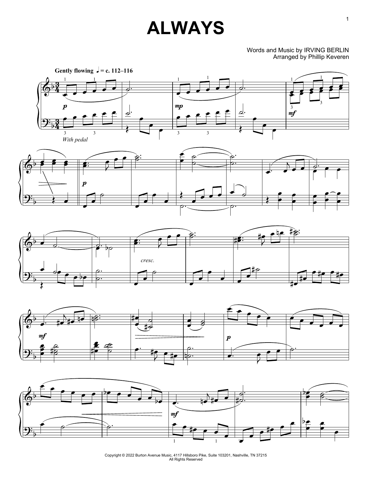 Irving Berlin Always (arr. Phillip Keveren) Sheet Music Notes & Chords for Piano Solo - Download or Print PDF