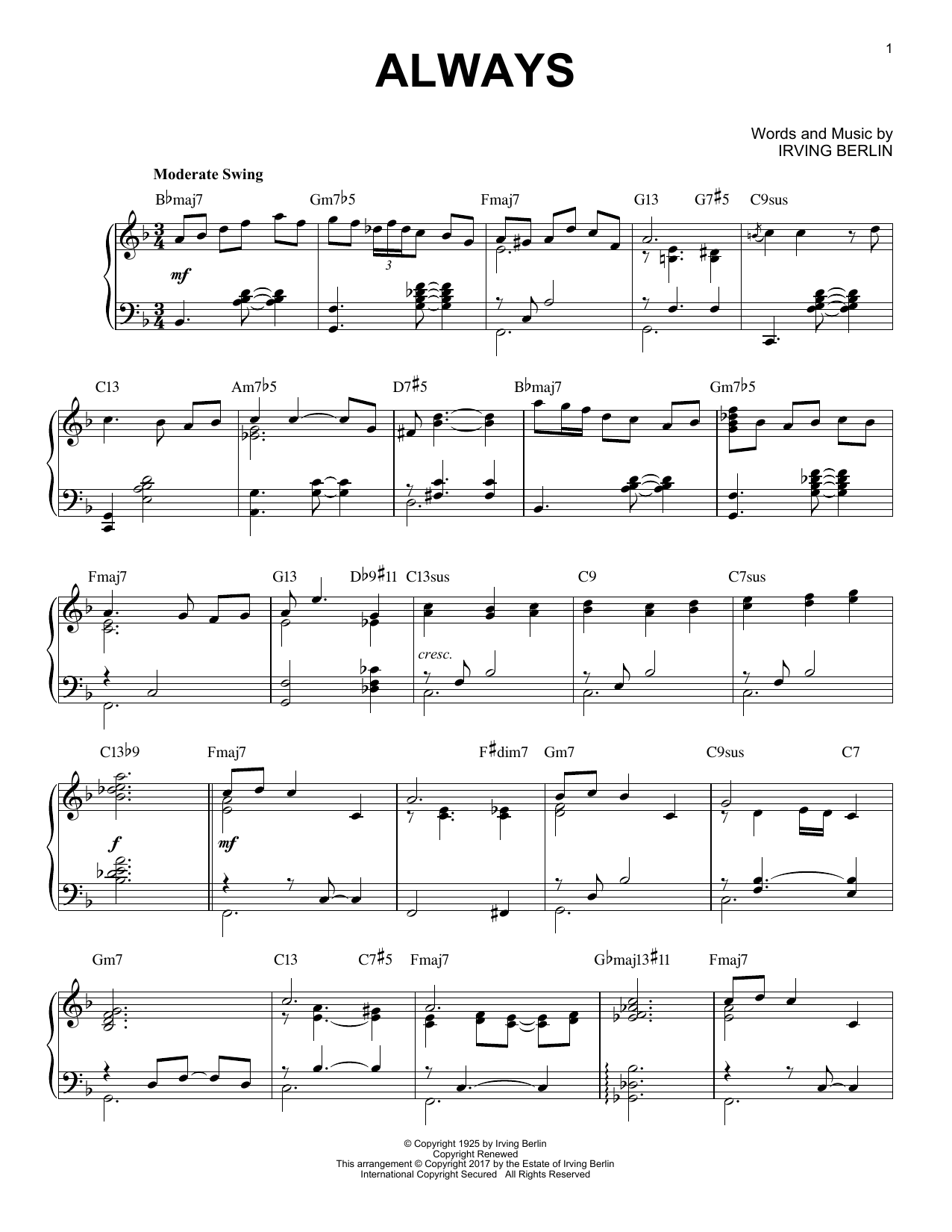 Irving Berlin Always [Jazz version] Sheet Music Notes & Chords for Piano - Download or Print PDF