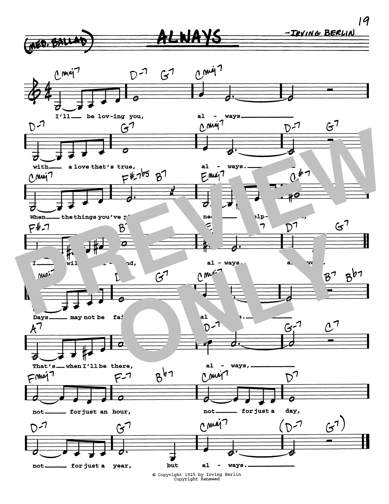 Irving Berlin Always (Low Voice) Sheet Music Notes & Chords for Real Book – Melody, Lyrics & Chords - Download or Print PDF