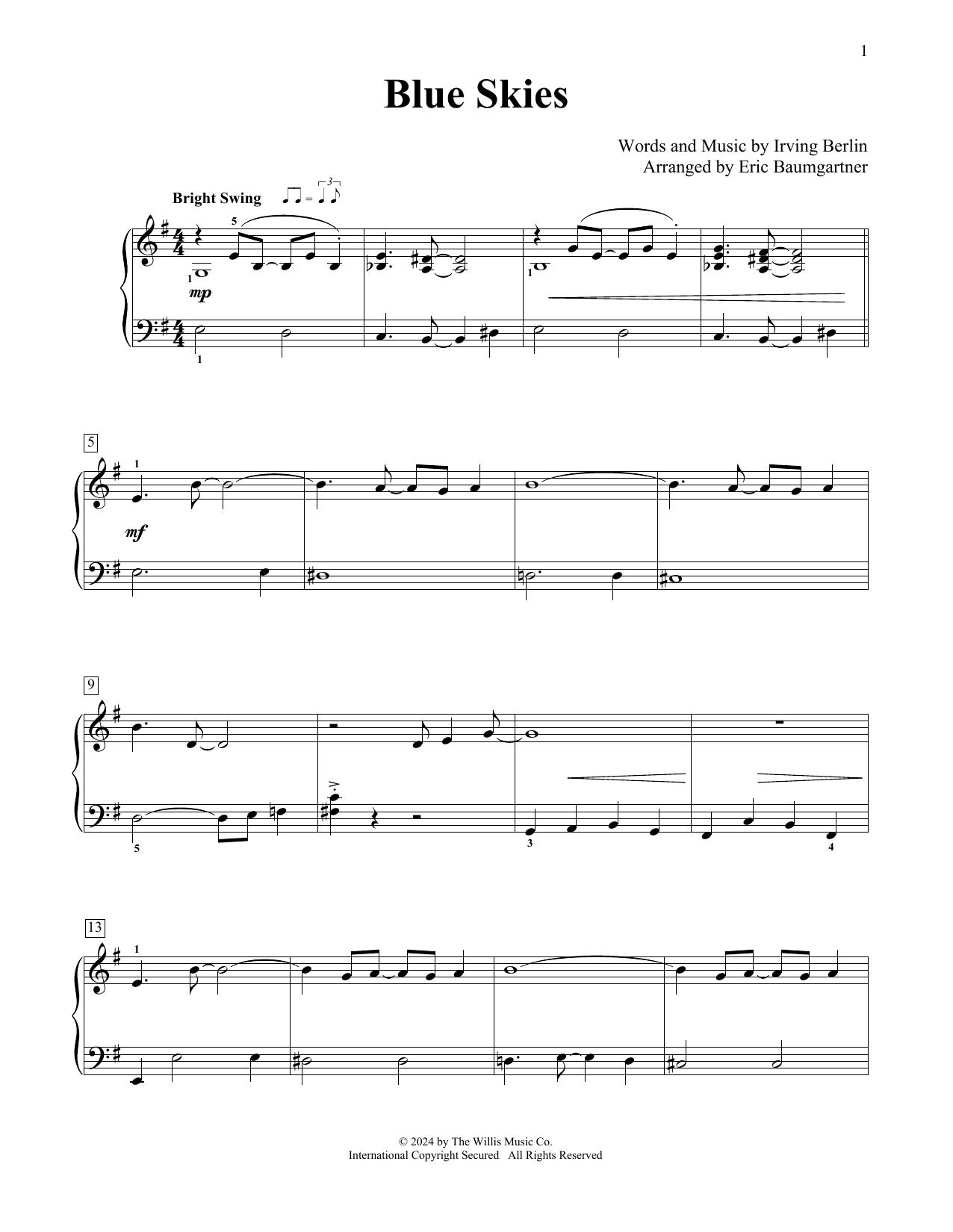 Irving Berlin Blue Skies (arr. Eric Baumgartner) Sheet Music Notes & Chords for Educational Piano - Download or Print PDF