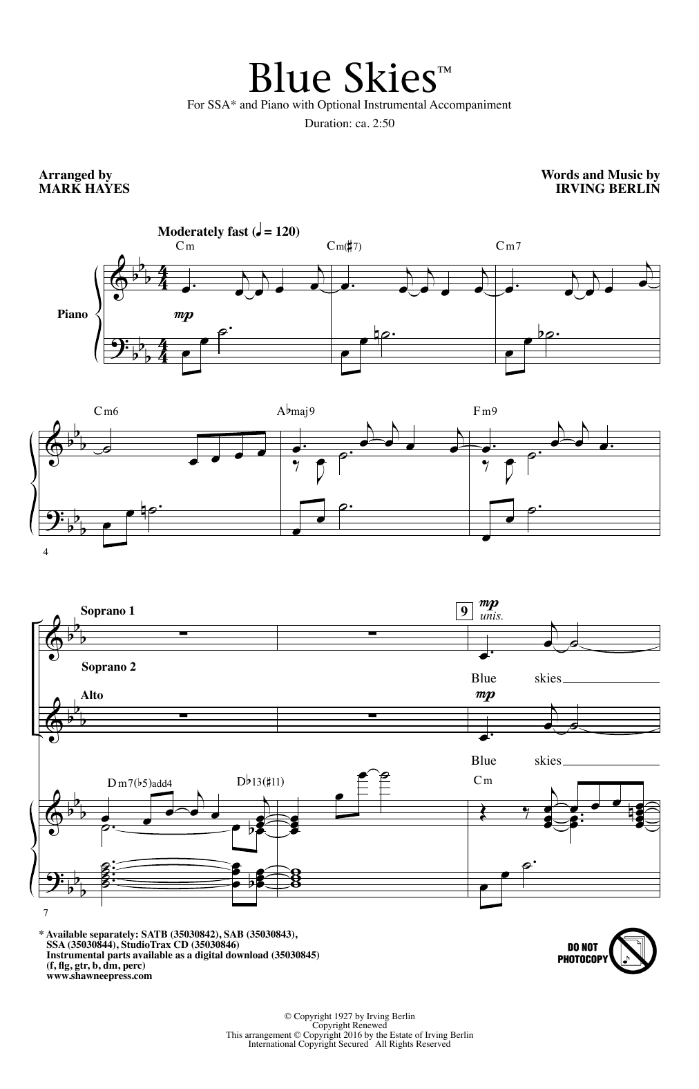 Irving Berlin Blue Skies (arr. Mark Hayes) Sheet Music Notes & Chords for SAB - Download or Print PDF